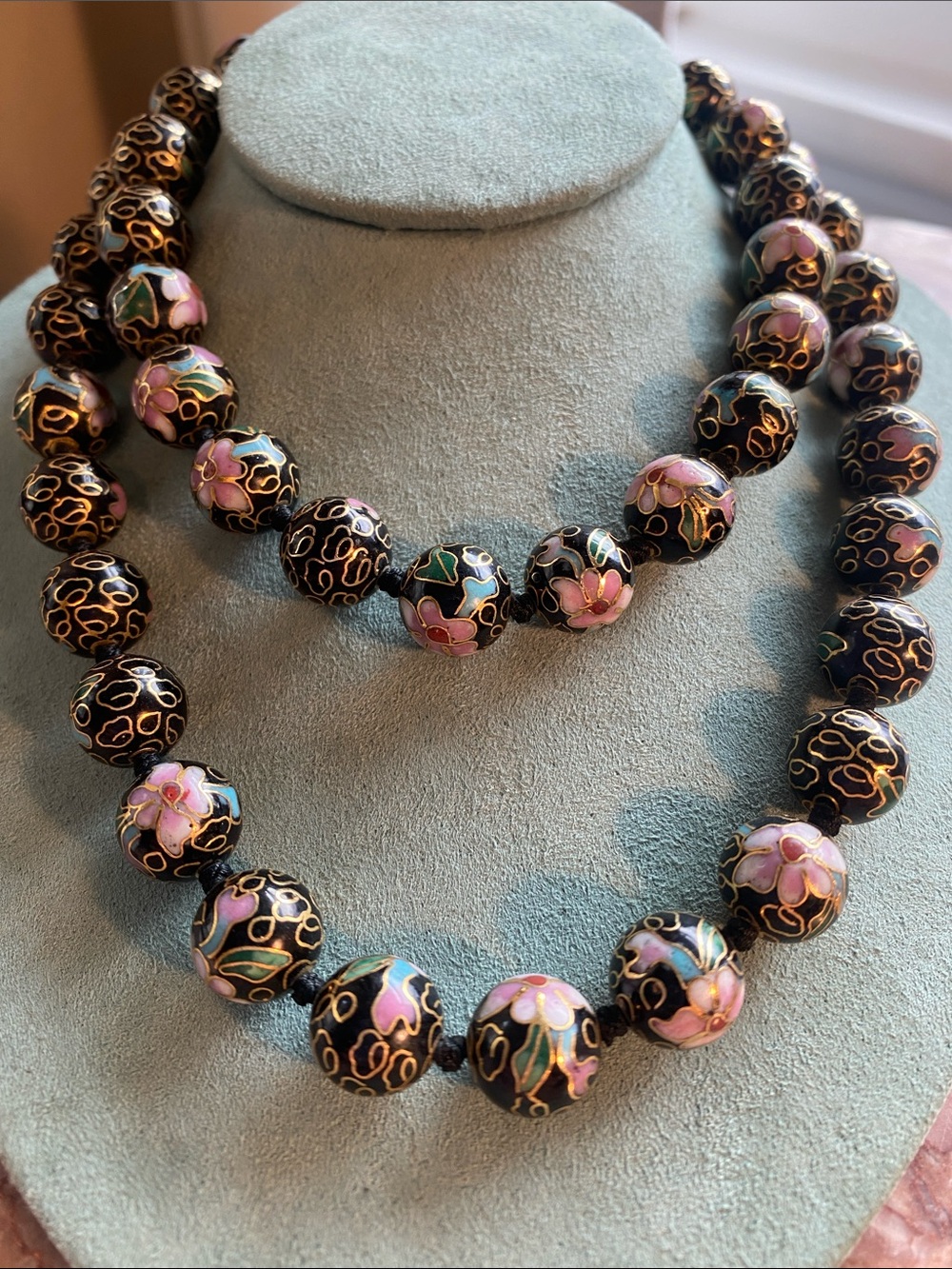Black Cloisonné Bead Necklace with Pink Floral Accents